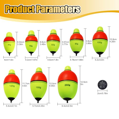 Light-Up EVA Slip Bobbers Red-Green LED Night Fishing Floats 30g 3PCS CWSDXM (Red-Yellow variant included)