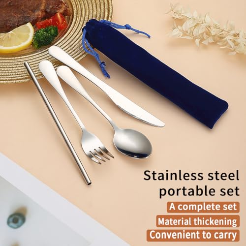 Portable Stainless Steel Flatware Set - Reusable Camping Cutlery - Blue Bag