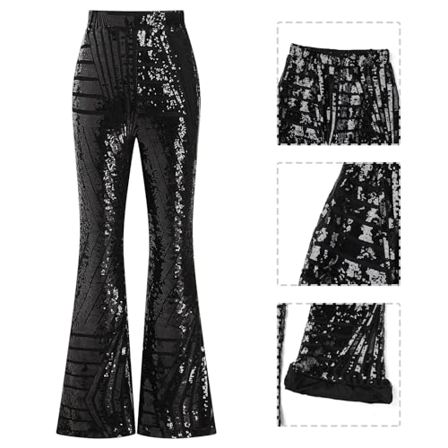 ODIZLI Women's Black High-Waisted Sparkle Sequin Flare Pants Large