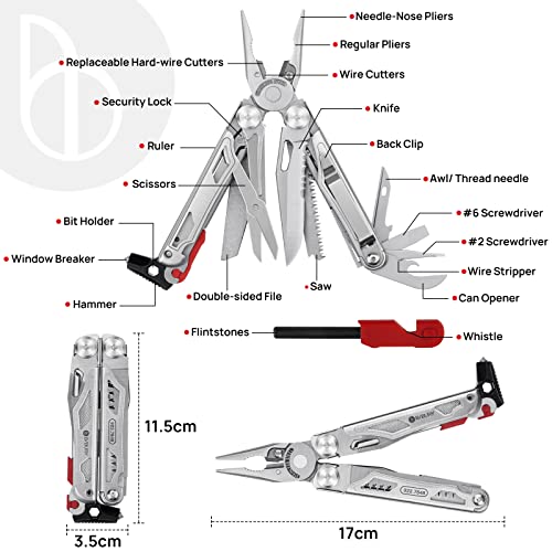 BIBURY 22-in-1 Multitool Pliers with Fire Starter, Whistle & Locking Safety Design