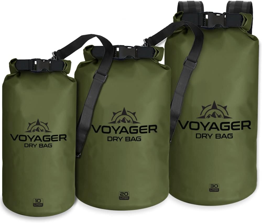 Voyager Waterproof Dry Bag - Heavy Duty Roll Top Sack with IPX8 Phone Case | 20L Green for Kayaking & Camping