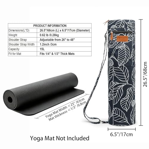 Yoga Mat Bag - Full-Zip Canvas Carrier with Pockets - Navy Blue Leaf