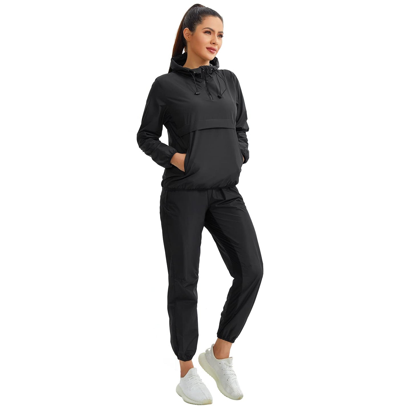 Junlan Women's Sauna Track Suit (Black, Medium) - Upgraded Silver Polymer Fabric, Sweat Suits for Workout, Windproof & Waterproof, Fashionable Design