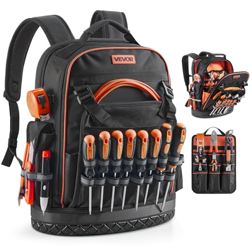 VEVOR Tool Backpack, 64 Pockets, Heavy-duty Tools Storage Organizer Work Bags Backpack with Laptop Compartment & Molded Base, Electrician Jobsite Backpack for Electrician, Repairman, and HVAC Techs