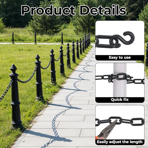 Black Plastic Chain Links, 3 Ft 6mm Plastic Chains with 5 S-Hooks, Linking Chains for Barriers, Crowd Control, Parking, Fences, Gates, Concerts, and Decoration