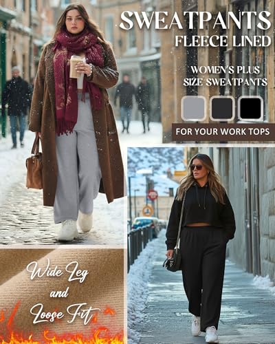 Velvelhall 3 Pack Women's Fleece Wide Leg Sweatpants – Black / Carbon Mixed Gray / Light Mixed Gray, Plus Size XL-5XL