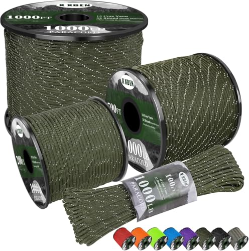 Reflective 1000lb Paracord 4mm Heavy Duty Camping Rope - Olive, 50ft