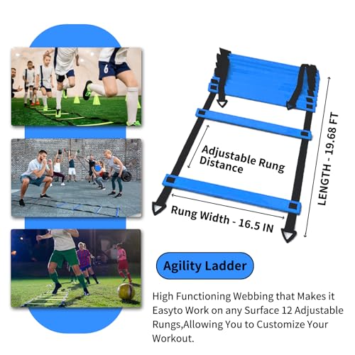 Agility Training Equipment Set - 12 Rung Ladder, 12 Disc Cones, Jump Rope & Solo Trainer - Blue
