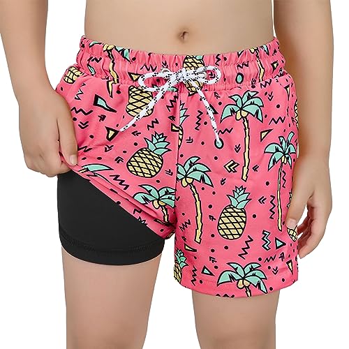 Century Star Boys' Pink Pineapple Swim Trunks with Compression Liner, 10-12 Years