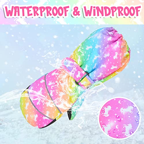 Kids Waterproof Ski Gloves - Toddler Mittens, Rainbow Unicorn, Small