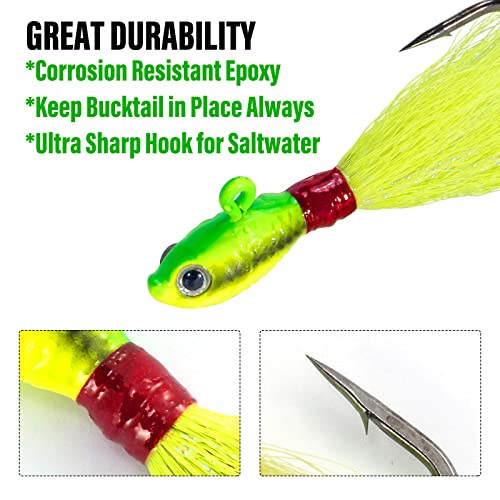 Dr.Fish 3 Pack Saltwater & Freshwater Bucktail Jig Lures - White, Chartreuse, Red & White, 1/4 oz