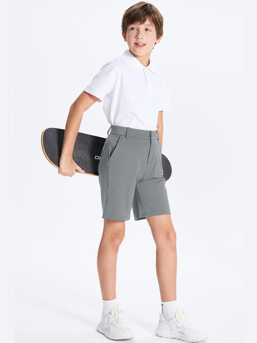 DEVOROPA Youth Boys School Uniform Flat Front Shorts Stretch Performance Kids Dress Chino Hybrid Twill Casual Running Khaki Athletic Summer Shorts Clothes with Pockets Dark Gray L