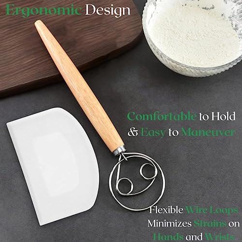 Danish Dough Whisk with Dough Scraper - 13 Inch Stainless Steel Tool