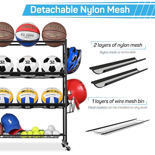 4-Tier Ball Storage Rack with Wheels for Garage & Sports Equipment