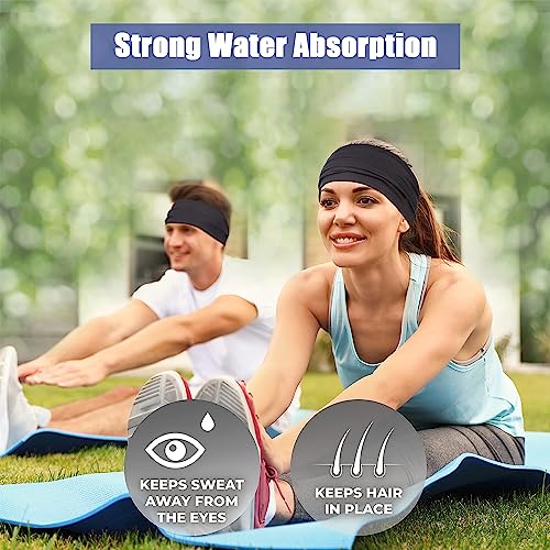 Moisture Wicking Sports Headband Set - 2 Pack Black and Blue
