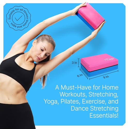 Yoga Blocks 2 Pack with Strap - Non-Slip EVA Foam - Pink/Blue & Stretch Band