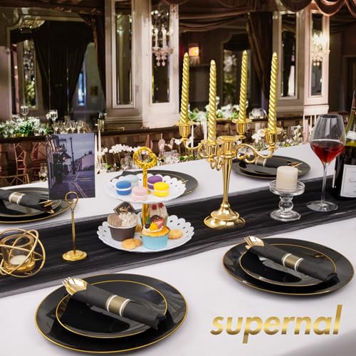 Black and Gold 60 Pack Pre Rolled Plastic Silverware Set with Napkins