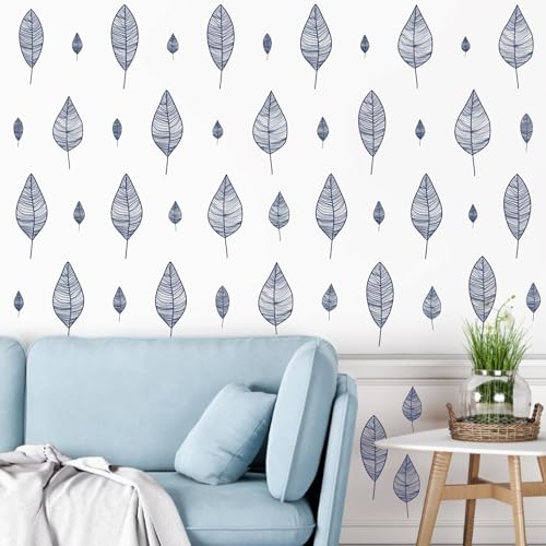 Stripy Leaf Wall Decals Modern Blue Leaf Wall Stickers Tree Leaves Wall Decals Peel and Stick Plant Botanical Leaves Stickers Removable Small Leaf Stickers for Bedroom Living Room Decor