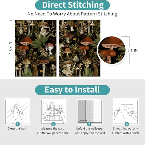 Jeweluck Floral Peel and Stick Wallpaper Mushroom Contact Paper 17.7 in x 24.2 ft Flower Removable Wallpaper Forest Peel and Stick Black Decorative Vinyl