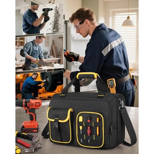 Electrician Tool Bag with Laptop Sleeve, Tool Tote with Multiple Pockets for Technicians, Black
