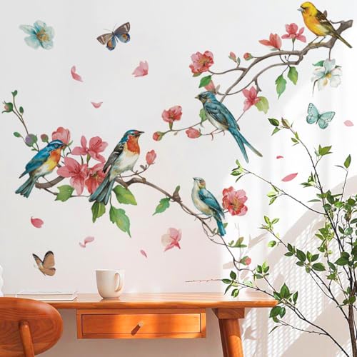 Runtoo Bird Wall Decals Pink Floral Tree Branch Wall Art Stickers Bedroom Kitchen Living Room Kids Nursery Decor