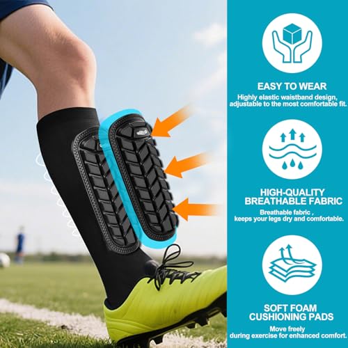 Youth Soccer Shin Guards - High Impact Protective Gear - Black, Medium