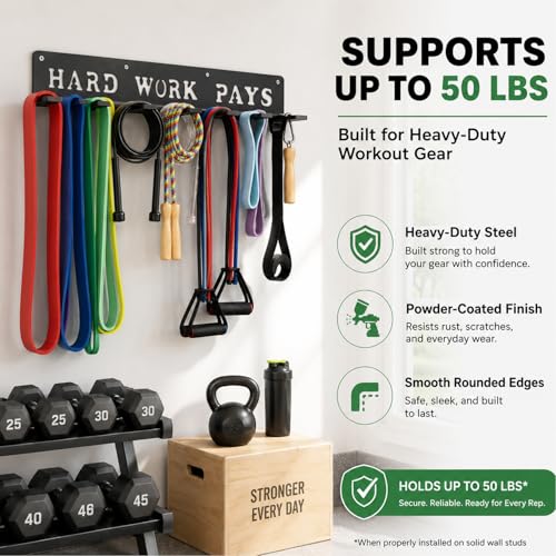 Home Gym Wall Storage Rack with 8 Hooks for Barbells & Resistance Bands - Hard Work Pays