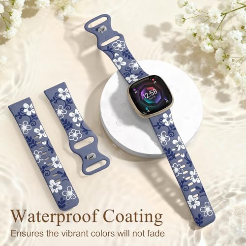 GEAK Blue Gray Floral Design Silicone Watch Band Compatible with Fitbit Sense/Sense 2/Versa 3/4 – Women & Men, Soft Engraved Strap Replacement
