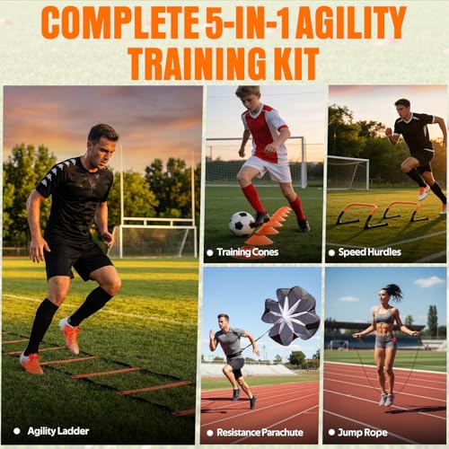 Agility Ladder Training Kit - 20ft Speed Ladder, Hurdles, Parachute & Cones