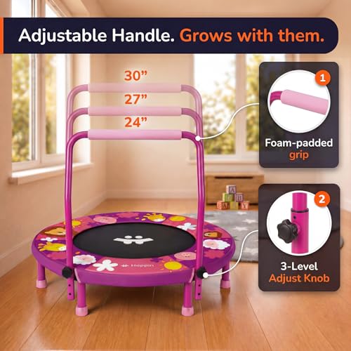 Toddler Trampoline Indoor 36'' - Foldable Mini Trampoline for Kids, Adjustable Handle, ASTM Certified, Purple & Coral