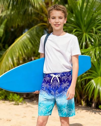 Latnnut Boys Swim Trunks with Compression Liner, Quick-Dry Bathing Suit with Pockets – Blue Coconut Tree, 9-10 Years