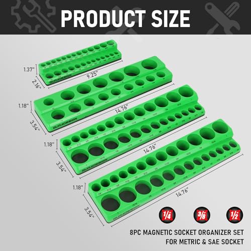 8PCS Magnetic Socket Organizer Set, Magnetic Socket Holder, 1/4", 3/8", 1/2" Metric & SAE Magnetic Socket Tools Trays.