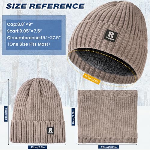 Winter Beanie Hat, Circle Scarf & Touchscreen Gloves Set - Khaki Vertical Stripes