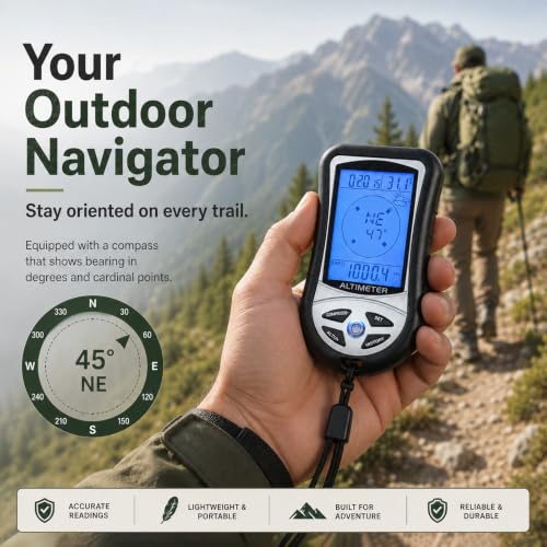 8-in-1 Altimeter, Compass & Barometer with Backlight for Hiking