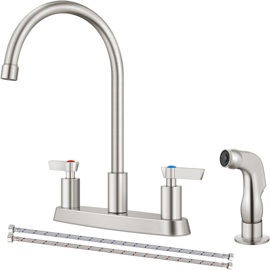 Brushed Nickel Kitchen Faucet with Sprayer - 2 Handle 8-Inch Centerset 3 Hole