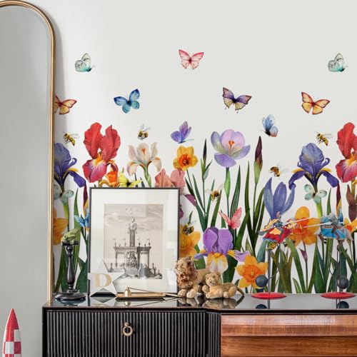 Runtoo Garden Flower Wall Art Decals Wildflower Floral Butterfly Wall Stickers Girls Bedroom Living Room Nursery Wall Decor