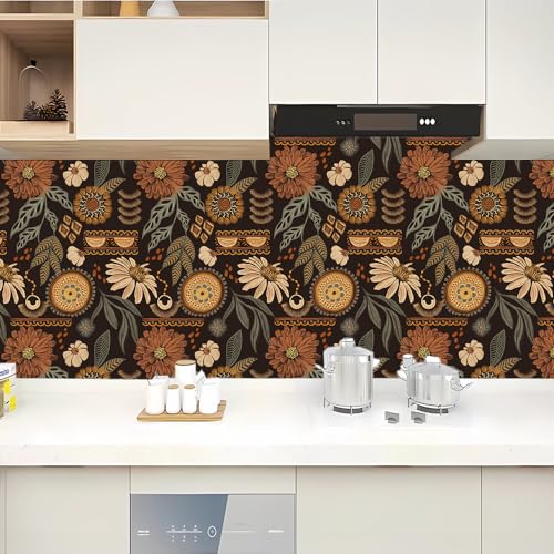 Boho Peel and Stick Wallpaper 17.3¡±¡¿120¡± Vintage Sun Floral Retro Removable Self Adhesive Wallpaper Flowers Bathroom Bedroom Kitchen Renter Friendly Wall Paper Botanical Mural Dark Countertop Paper