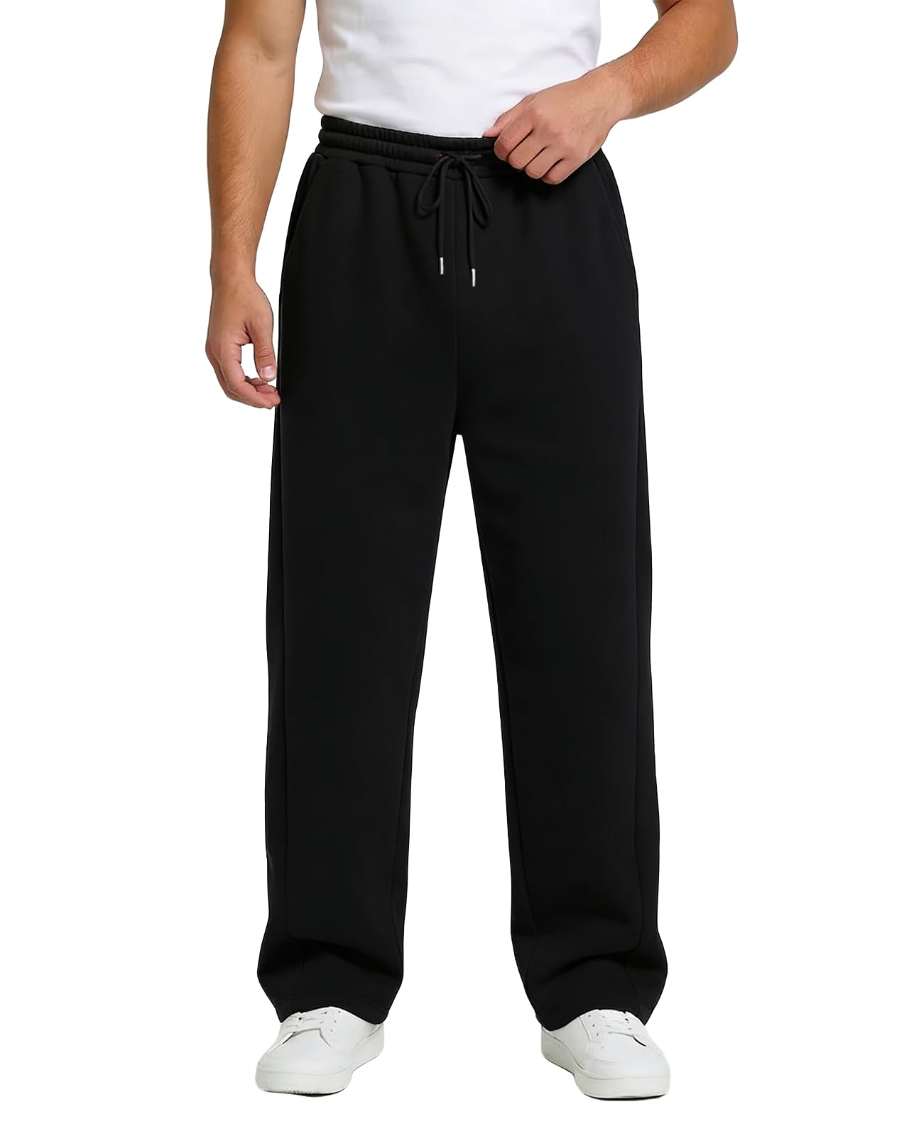 BUXKR Men's Baggy Sweatpants Wide Leg Sweat Pants Fleece Lounge Cotton Loose Elastic Drawstring Waist Pants with Pockets Black