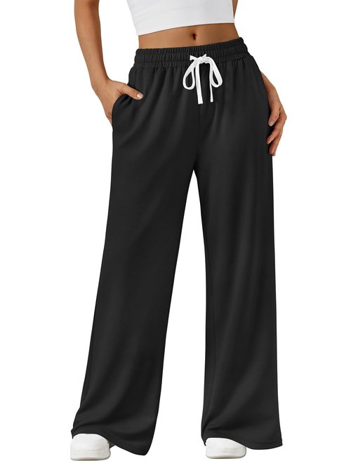 AUTOMET Wide Leg Lounge Pants Women Casual Sweatpants Baggy Yoga Sweat Pajamas Pants Fall Fashion Outfits with Pockets Black M