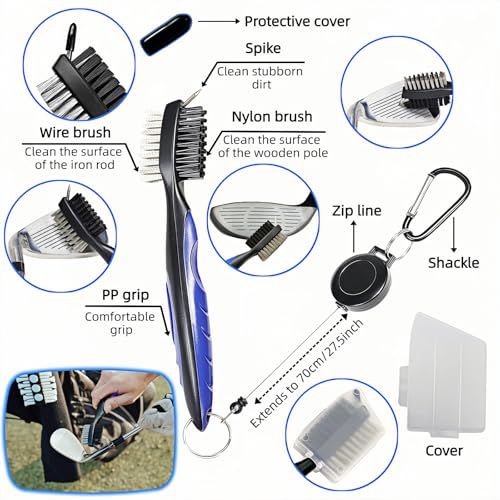 Dual-Sided Golf Club Brush with Retractable Zip-Line & Groove Spike - Blue