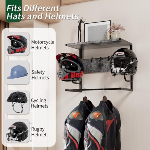 Motorcycle Helmet Holder Wall Mounted, Helmet Holder Wall Mount with Helmet Rack, Motorcycle Helmet Rack for Most of Helmet and Clothes