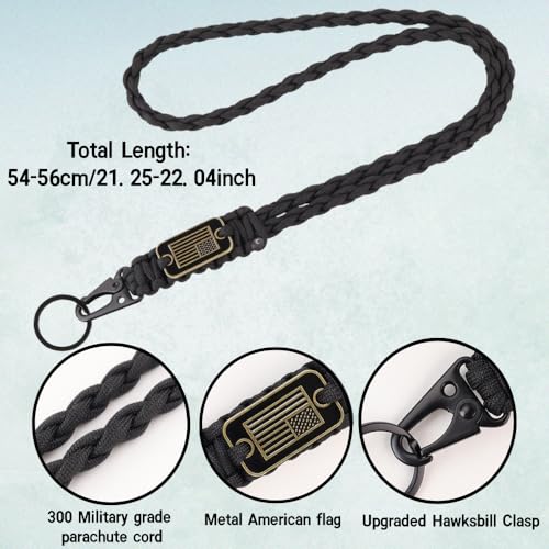 Heavy Duty Braided Paracord Lanyard Keychains - 2pcs Black+Green with USA Flag