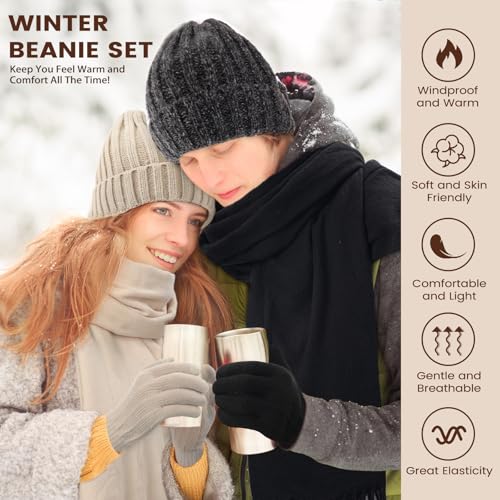 Winter Beanie Hat Scarf Gloves Set for Women - Black
