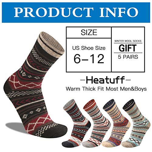 Heatuff Mens Warm Wool Socks 5 Pairs Multicolor Thermal Crew Pattern Socks Winter