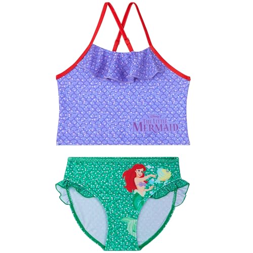 Kids Girls Disney Moana, The Little Mermaid & Elsa 2-Piece Swimsuit Set, Adjustable 3-4T Purple/Green Mermaid