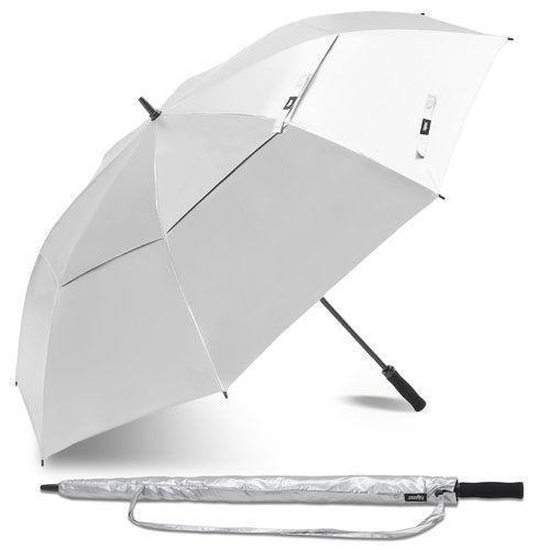 Fulynmen 72 Inch Large UV Umbrellas For Sun Protection UPF50+ Sun Golf Umbrella UV Protection Cooling Windproof Vented Double Canopy Extra Huge Big Size (Silver-Blue)