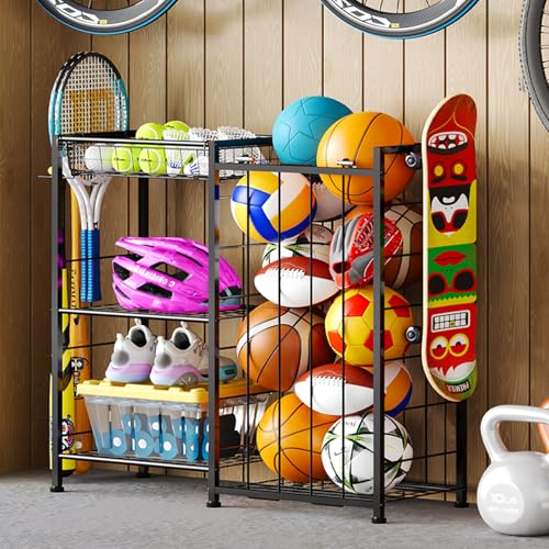 Sports Equipment Organizer with Elastic Straps and Removable Basket