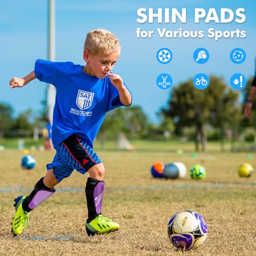 Kids Soccer Shin Guards - Lightweight Protective Pads, Purple Medium