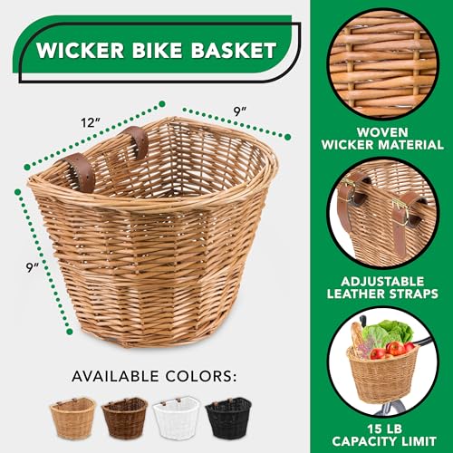 Light Brown Wicker Bicycle Basket - Detachable with Adjustable Straps