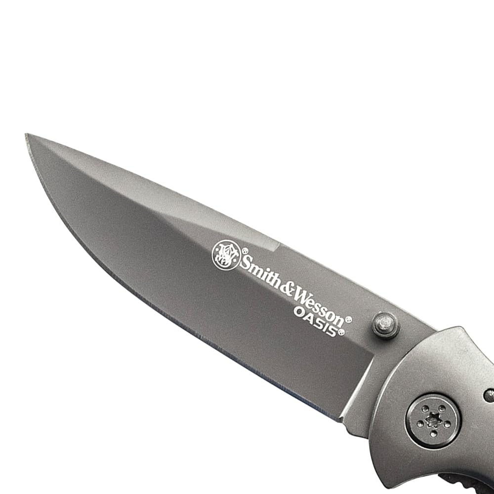 Smith & Wesson Oasis SW423B 7.5in S.S. Folding Knife with a 3.2in Serrated Drop Point Blade and Titanium Coated Handle for Outdoor, Tactical, Survival and EDC